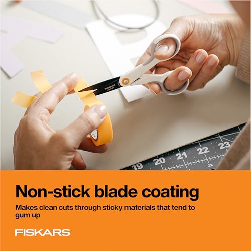 Fiskars 5" Non-Stick Micro-Tip Scissors for Sticky Materials, No. 5, White | Non-Stick Coated Stainless Steel Blades to Cut Tape, Glue, Vinyl & Stickers, SoftGrip Handle, Ambidextrous Double-Loop Handle - size: 5”, style: Non-Stick