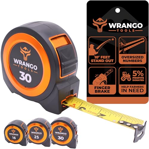 Wrango Tools 30 FT Tape Measure - Retractable Measuring Tape - Oversized & Double-Sided Print - Blade Lock, Finger Brake - High Performance Nylon Coating, 10' Stand-Out - 13' Reach / 1-1/16" Blade - size: 30 FT