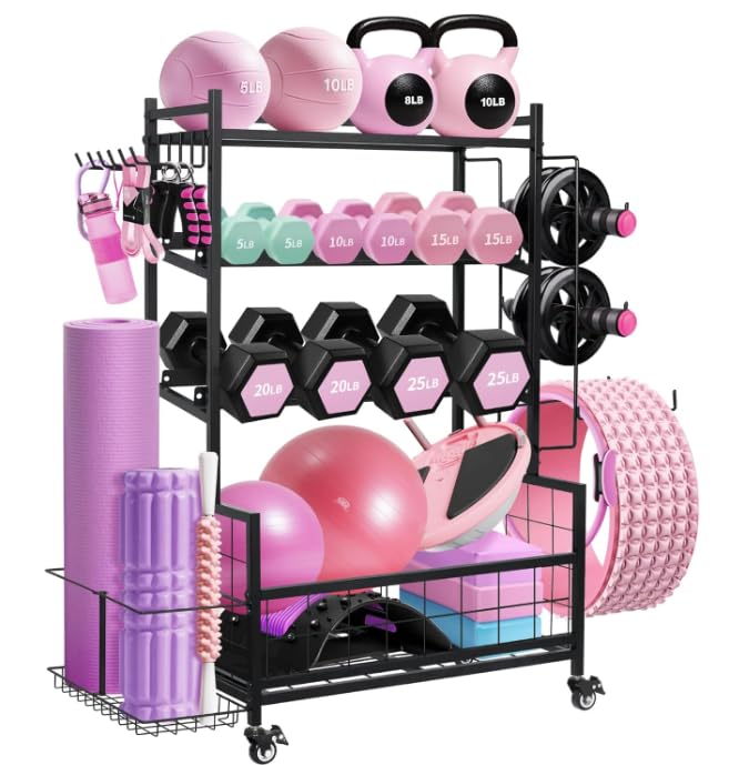 Home Gym Storage Rack for Dumbbells Kettlebells Yoga Equipment, Compact Design with Wheels, Adjustable Pegs, 350lbs Weight Capacity, 3-Layer Storage for Organize All Workout Gear - Black