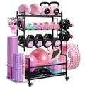 Home Gym Storage Rack for Dumbbells Kettlebells Yoga Equipment, Compact Design with Wheels, Adjustable Pegs, 350lbs Weight Capacity, 3-Layer Storage for Organize All Workout Gear - Black