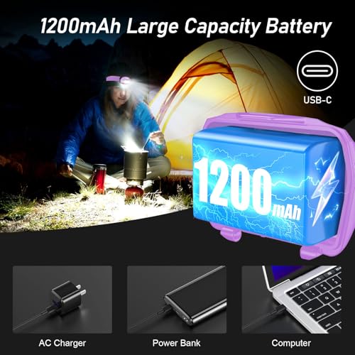 Blukar LED Headlamp Rechargeable, 2000L Super Bright Headlight Flashlight - color: Purple