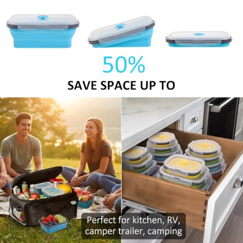 Collapsible Food Storage Containers with Airtight Lid & Vent Valve, 27 oz, Annaklin Kitchen Stacking Silicone Collapsible Meal Prep Container Set for Leftover, Microwave Freezer Safe, Blue, Set of 4 - color: Blue | 27 oz | 4pc