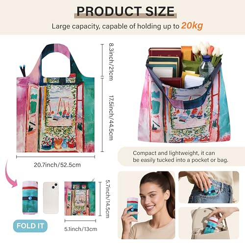 Reusable Grocery Bags, Oil Painting Art Tote Bags With Carry Pouch Waterproof Shopping Bags for Travel Daily Use - style: View from the Window