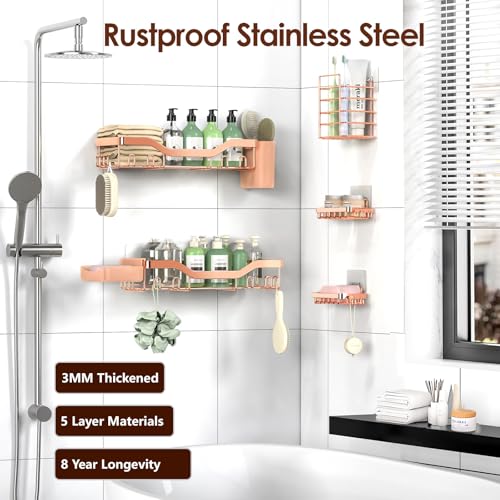 NESOMI Shower Caddy Adhesive Shower Organizer 7-Pack, Rustproof Stainless Steel Bathroom Shelves, Large Capacity No-Drill Rack Storage Accessories with Soap Dish Toothbrush Holder Hooks - color: Rose Gold, size: 7-Piece Set