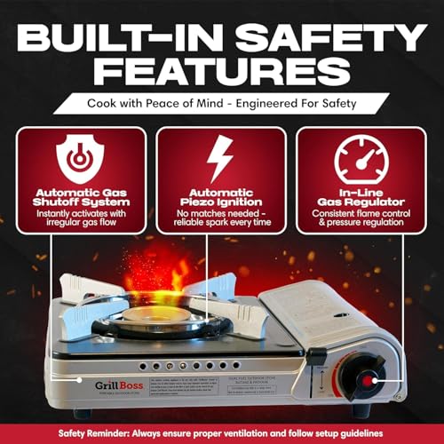 Chef Master Grill Boss Dual Fuel Camping Stove, Butane & Propane, 12000 BTU | Single Burner Gas Cooker, Propane Adapter Included, Works Below Freezing, Double Wind Guard, Piezo Ignition, Hiking, 90057 - color: Stove Only