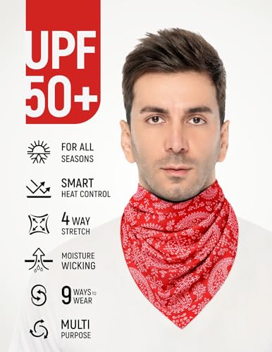 UPF 50+ Cooling Bandana for Men & Women - UV Sun Protection Neck Scarf - color: Red Paisley