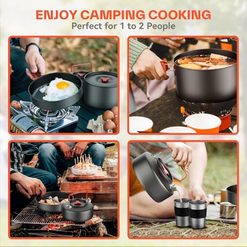 Sportneer Camping Cookware Set, 18Pcs Non-Stick Lightweight Pots, Pan, Kettle with Stainless Steel Cups, Plates, Forks, Knives & Spoons for Camping, Backpacking, Hiking, Outdoor Cooking & Picnic