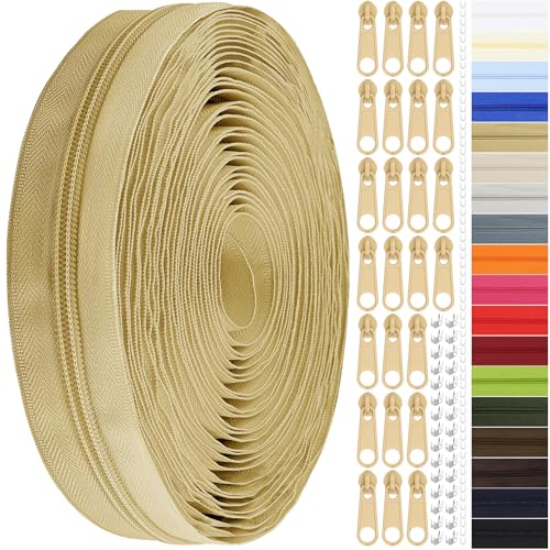 DOITEM 12 Yards Nylon Coil Zipper by The Yards, #3 Bulk Zippers for DIY Sewing Craft Bags with Replacement 25PCS Sliders (Beige, #3) - color: Beige, size: #3