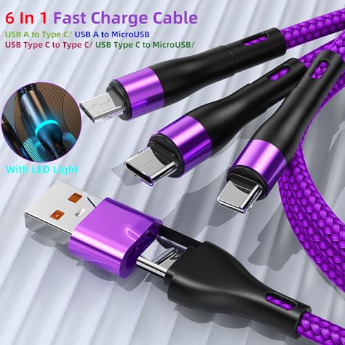 IHAO Multi Connectors Fast Charging Cable 6 Combinations in One Cable USB A/Type C to USBC/Micro USB Cord Flexible Nylon Braided Compatible with Most of Electric Device-39 Inches Purple - color: 6 Combinations Purple