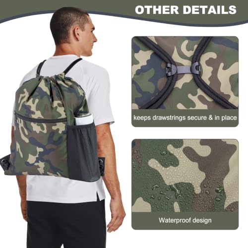 HOLYLUCK Men & Women Outdoor Sport Gym Sack Waterproof Drawstring Backpack Bag (Standard With Drawstring, Green Camo) - color: Green Camo, style: Standard With Drawstring