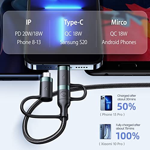 PD 60W USB C Multi Fast Charging Cable Nylon Braided Cord 5-in-1 3A USB/C to Type C/Micro/Phone Fast Sync Charger Adapter Compatible with Laptop/Tablet/Phone - color: Green, size: 6.6FT