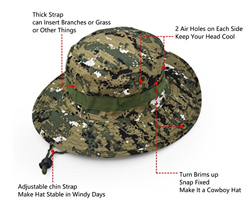 Outdoor Wide Brim Sun Protect Hat, Classic US Combat Army Style Bush Jungle Sun Cap for Fishing Hunting Camping - color: Green Digital