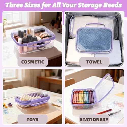 3 Pack Deep Clear Hard Shell Zipper Cases with Handle (Purple) | Travel Toiletry Bag, Waterproof 1.2mm PET Hard Plastic Pouches, Organizer Box for Makeup, Toy, Snack, Stationery, Diaper - color: Purple Handle(L+M+S)