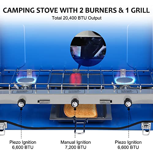Camplux Camping Stove 20,400 BTU, 1 Grill & 2 Burners Propane Stove for Outdoor Cooking - color: Blue