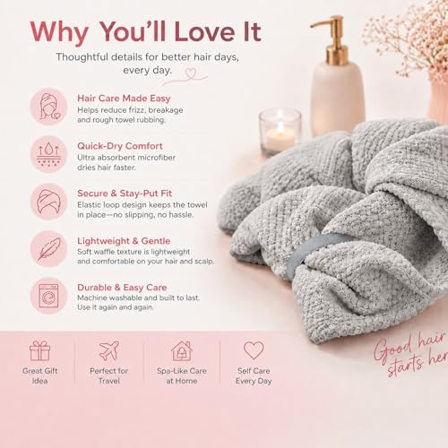 Large Microfiber Hair Wrap Towel for Women, Quick-Dry & Absorbent (Grey) | Absorbs water fast and reduces frizz, fits long and curly hair, soft, lightweight, secure elastic loop keeps wrap in place - color: Grey-1