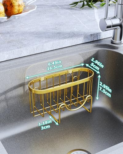 HapiRm Multifunctional Sponge Holder - 2 Installation Methods Sink Caddy with Unique M-shaped, Stainless Steel Kitchen Sink Organizer for Sponge, Brush, Stopper and Scraper - Gold - color: Gold, size: with M-shaped Holder