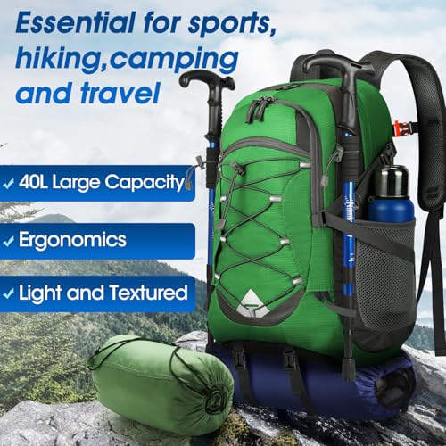 IGOLUMON Hiking Backpack 40L Packable Lightweight Camping Daypack Men Women | Multi-compartment storage Water-resistant Foldable Nylon Material Hiking Day pack for Camping Cycling Outdoor - color: Grass Green