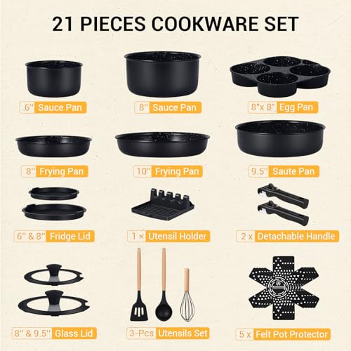 Ammeloo 21-Piece Ceramic Pots and Pans Set Non Stick with Detachable Handles and Egg Frying Pan, Non-Toxic Cookware, Induction Ready, Oven Safe, Stackable for Storage, Black Speckled - color: Egg Pan Set
