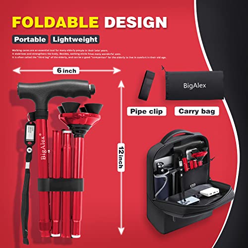 BigAlex Folding Walking Cane with LED Light,Pivoting Quad Base,Adjustable Walking Stick with Carrying Bag for Man/Woman (Alloy Base) - color: Red(4'9"-5'6")