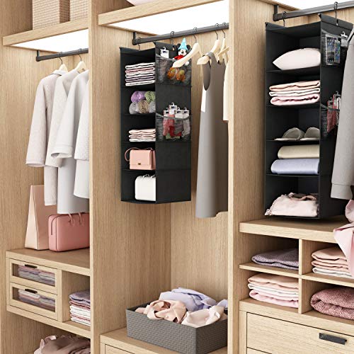MAX Houser 5-Shelf Hanging Closet Organizer with 4 Side Pockets, Black | Foldable Fabric Hanging Shelves for Closet, Cloth Hanging Shelves with 2 sturdy hanging hooks, Small Space Saver - color: Black