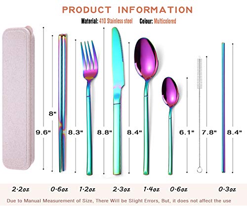 AARAINBOW 7 Pieces Stainless Steel Flatware Set Portable Reusable Cutlery Set Travel Utensils Set Including Chopsticks Knife Fork Spoon Straws Cleaning Brush Dishwasher Safe (Multicolored) - color: Multicolor