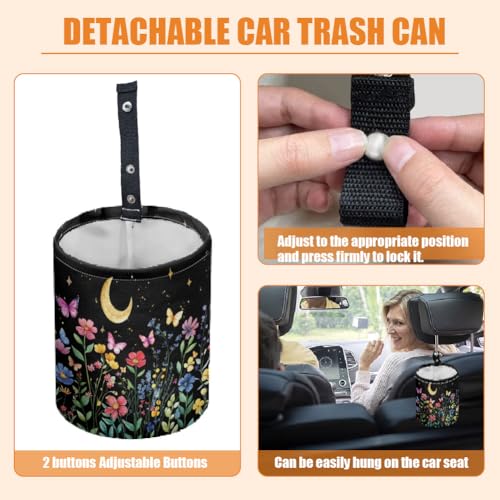 Wildflowers Moon Car Trash Can Butterflies Waterproof Car Garbage Can Car Seat Back Hanging Trash Bag Camping Garbage Bin Storage Bag Collapsible Trash Container for Car 5.9 x 7.3 in - color: Wildflowers butterflies