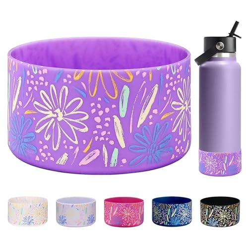 WK IEASON Protective Silicone Base Boot for Hydro Flask Wide Mouth Water Bottle, Anti-Slip Silicone Sleeve Cover Bumper for Hydro Water Bottle Accessories -3.56inch Bottom Diameter - color: Flowers lilac, size: 40 Ounces