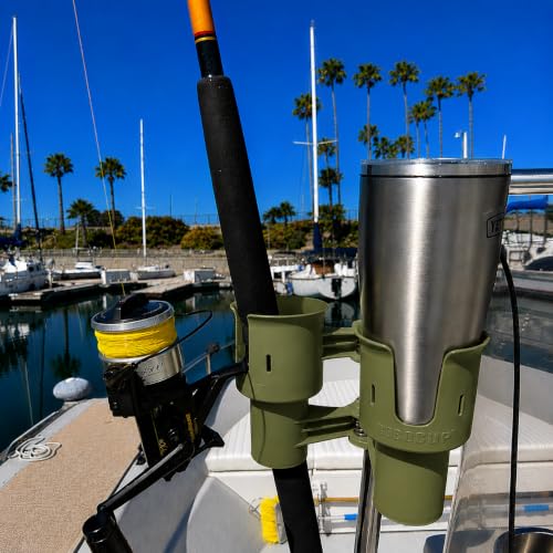 ROBOCUP, (Olive), Patented Clamp On Boat Cup Holder |Multifunction Dual Drink Caddy for Fishing Poles, Tools, Net, Gaff |Portable Storage for Boating, Beach, Umbrellas, Golf Carts, Strollers - color: Olive, size: Standard Spring