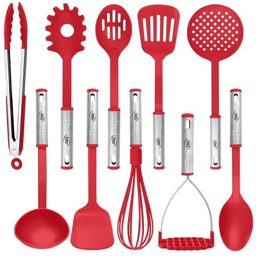 Kitchen Utensils Set, 10 Nylon Stainless Steel Cooking Utensils, Non Stick and Heat Resistant Cookware set New Chef's Gadget Tools Collection - color: Red