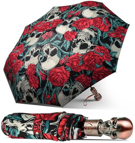 Skull Handle Windproof Travel Umbrella Compact Portable, Auto Open Close | Luxury Gothic Skull Grip with One-Touch Automatic Open, Wind Resistant and Sturdy for Rain, Lightweight to Carry Daily - color: 01.Rose