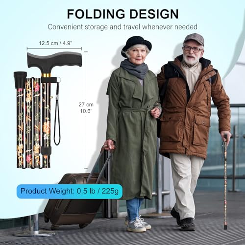 supregear Folding Cane, Lightweight 5-Level Adjustable Walking Stick with Wrist Strap and T-Handle, Portable Mobility Aid for Elderly and Disabled Men and Women - color: Floral Black