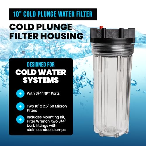 Cold Plunge Water Filter System, 10" Housing with 3/4" NPT Ports, 2× 50 Micron Pleated Filters, Mounting Kit & Wrench, Inline Sediment Filtration for Ice Baths, Whole House, Pool or Spa Use - style: Housing + 2 Filter