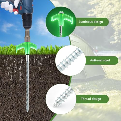 20Pack Screw in Tent Stakes 8” Metal Pegs for Ground, Drill in Camping Stake with Hex Head Driver, Spikes Puller, Protector in Carrying Bag & Box,for Xmars,Hiking,Glow in The Dark