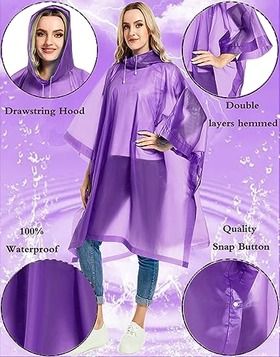 2 Pack Rain Ponchos for Adults Reusable - Raincoats Survival Emergency Heavy Duty Rain Coat with Drawstring Hood - color: White&purple