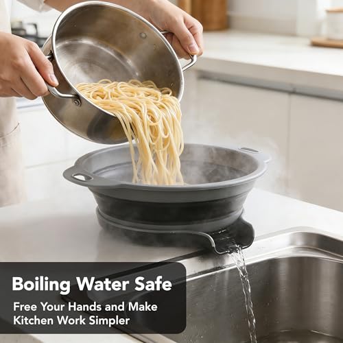 Collapsible Colander Set of 3 with Kitchen Counter Self-draining Base, Round Silicone Food Foldable Strainer for Cooking Pasta, Vegetables and Fruit (3QT, 4QT and 5QT), Black