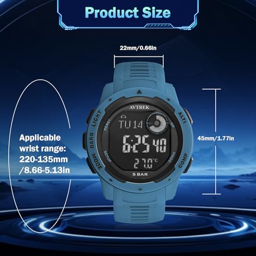 AVTREK Tactical Watch with Compass Pedometer,50M Waterproof-2003 | Digital Altimeter Watch for Outdoor Hiking/Climbing/Walking - color: Blue