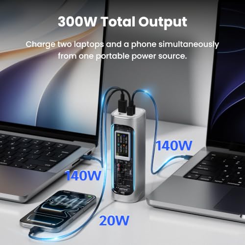 Shargeek 300W Power Bank, 24000mAh Laptop Portable Charger with DC Port | 140W PD3.1 USB-C Fast Charging for MacBook Pro, Adjustable DC Output, Transparent Design, Smart Display, RGB Light - color: Silver