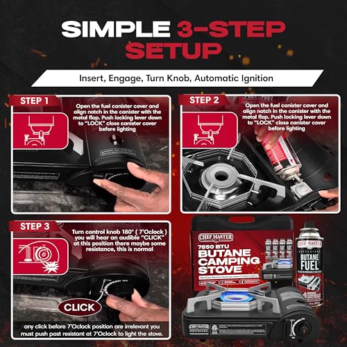 Chef Master Portable Butane Stove Combo for Camping - Stove + 4x 8oz Butane - 10,000 BTU Countertop Gas Burner w/Piezo Ignition - Good for Indoor & Outdoor Cooking w/Wind Guard & Carry Case - 90011 - style: Stove & Fuel Combo