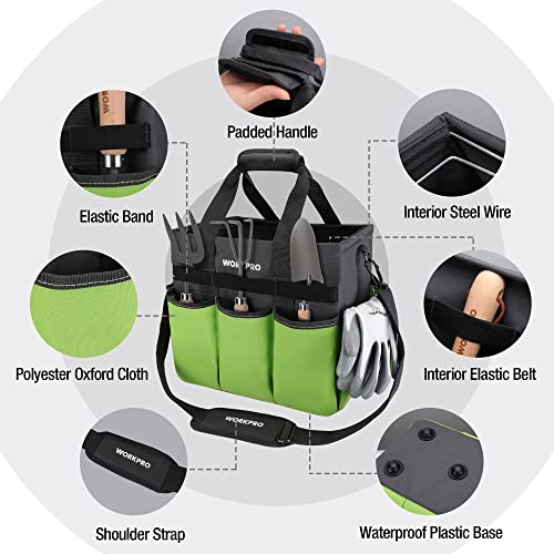 WORKPRO Garden Tool Bag, 10 Pockets and Shoulder Strap, Green | Heavy Duty Gardening Organizer Tote Bag, Standable Garden Tool Organizer (Tools not Included) - color: Green