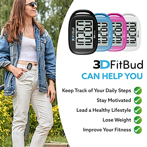 3DFitBud Simple Step Counter Walking 3D Pedometer by 3DActive with Clip, Lanyard Accurate Step Tracker Large Display, Easy to Use for Kids Men Women Adult Seniors Daily Step Tracking - A420S - color: Black