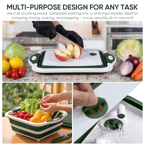 Collapsible BBQ Prep Tub with Lid, Foldable Camping Sink with Colander, Cutting Board, Dish Basin for Kitchen, Bowl, Vegetable and Fruit, Storage Basket for Picnic-Green - color: Green