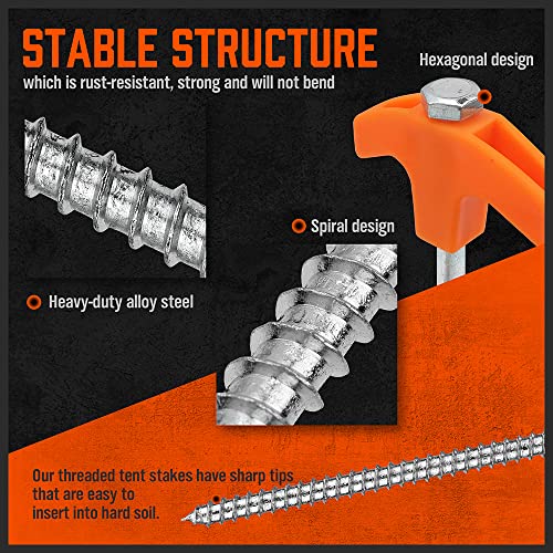 HORUSDY Tent Stakes Heavy Duty, 12-Pack 8.07 Inch Tent Stakes with 4 x 13ft Rope & 1 Stopper T Pull Hook - size: 12 Pack