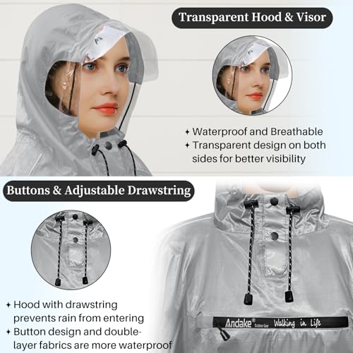 Andake Hooded Rain Poncho for Adults Waterproof Lightweight Raincoat for Men & Women Reusable Rain Ponchos for Cycling - color: Grey