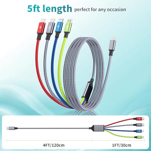 USB C Multi Charging Cable, 4 in 1 Charging Cords with Dual USB C Ports | USB C Input with IP, Dual USB C & Micro Ports, Nylon Braided Phone Charger for Multiple Devices, Travel Essentials - color: Blue_Grey_Red_Green, size: 1Pack5FT