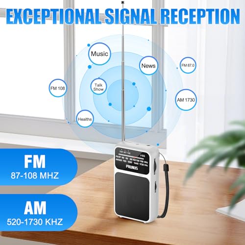 PRUNUS J-555 Pocket Radio AM FM USB-C Charging& Battery Operated, Back Clip - color: White