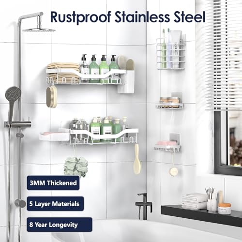 NESOMI Shower Caddy Adhesive Shower Organizer 7-Pack, Rustproof Stainless Steel Bathroom Shelves, Large Capacity No-Drill Rack Storage Accessories with Soap Dish Toothbrush Holder Hooks - color: White, size: 7-Piece Set