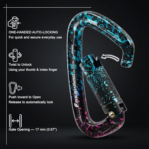 FresKaro UIAA Certified 25KN Auto Locking Climbing Carabiner Clips, Twist Lock, and Heavy Duty Carabiners for Rock Climbing, Rappelling, and Mountaineering, D Shaped - color: 3PCS-SPECKLED