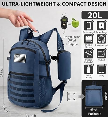 Small 20L Foldable Hiking Daypack for Men Women – Ultra Lightweight Tactical Packable Backpack for Travel, Camping Outdoor, Blue - color: Blue