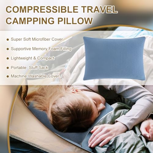 Ivellow Memory Foam Travel Pillow Compressible Camping Pillow for Sleeping Shredded Memory Foam Pillow Compact Firm Supportive Travel Pillow for Adults Kids Outdoor Hiking Essential Gear Blue-S | Compact shredded memory foam pillow,medium firm support, so