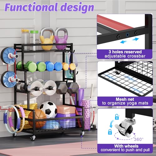 Dumbbell Rack for Home Gym, 490 lbs Weight Storage Rack with Wheels & Hooks | Heavy-Duty 490 lbs Weight Capacity,Easy Mobility with Locking Wheels,All-in-One Fitness Equipment Storage